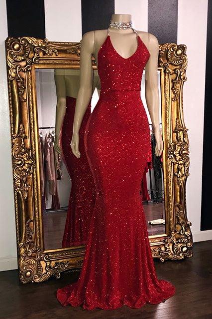Vestidos de fiesta de sirena sexys con lentejuelas y sin mangas | Vestidos de noche rojos con cuello halter y brillo