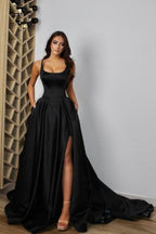 Sexy Spaghettiträger ärmelloses A-Linie Satin Abendkleid mit Schlitz vorne