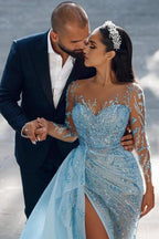 Vestidos de fiesta de sirena con mangas largas y brillantes, sexys y de noche con encaje