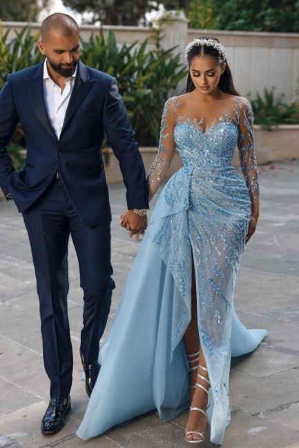 Vestidos de fiesta de sirena con mangas largas y brillantes, sexys y de noche con encaje