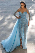 Vestidos de fiesta de sirena con mangas largas y brillantes, sexys y de noche con encaje