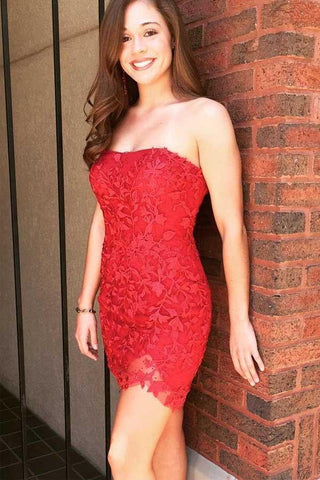 Sexy Strapless Tight Red Lace Short Prom Dress  Homecoming Dress