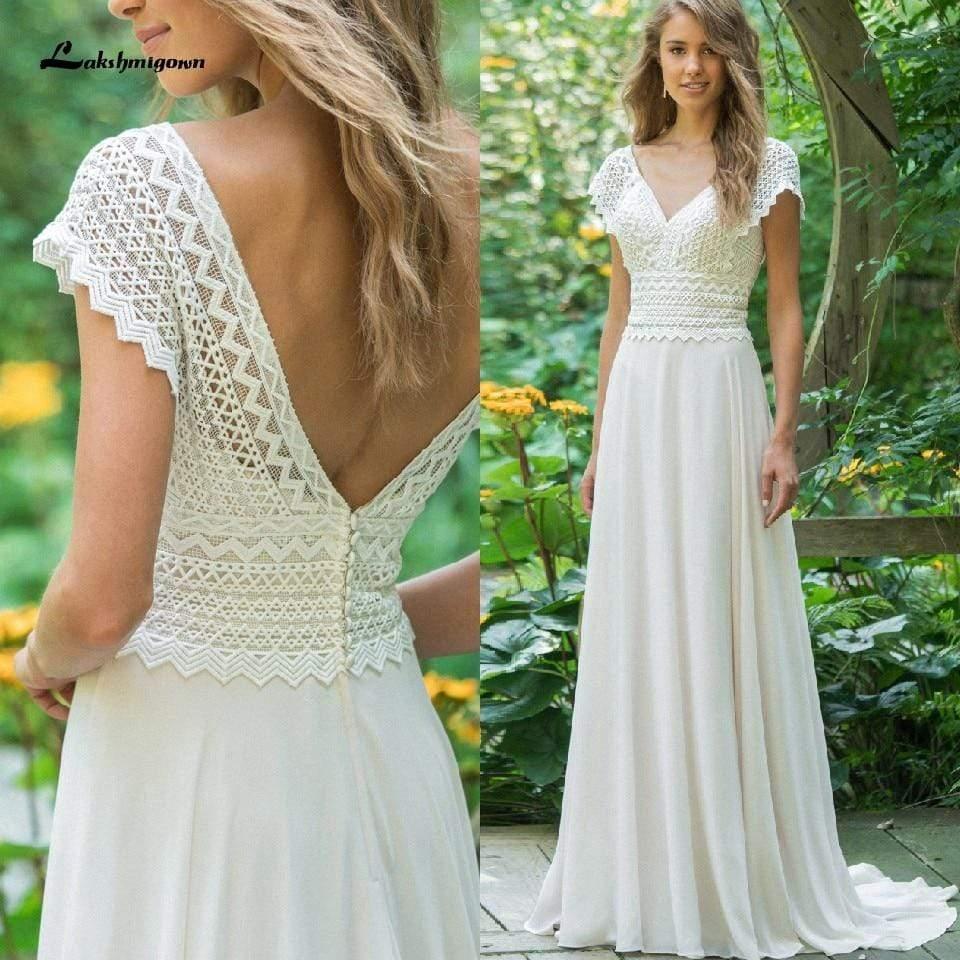 Vestidos de novia de playa de gasa con escote en V y encaje de NumberSea