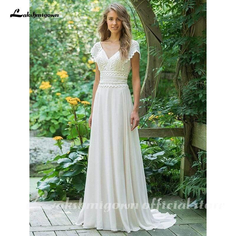 Vestidos de novia de playa de gasa con escote en V y encaje de NumberSea