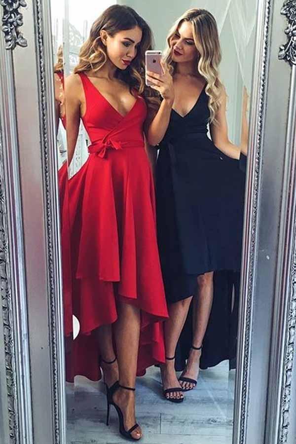 Vestido de fiesta sexy con escote en V, largo, alto y bajo, con faja