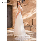 Vestidos de novia bohemios con escote en V, encaje y tul, sin espalda y sexys de NumberSea