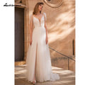 Vestidos de novia bohemios con escote en V, encaje y tul, sin espalda y sexys de NumberSea