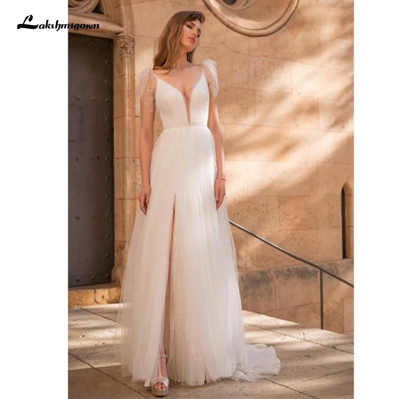 Vestidos de novia bohemios con escote en V, encaje y tul, sin espalda y sexys de NumberSea