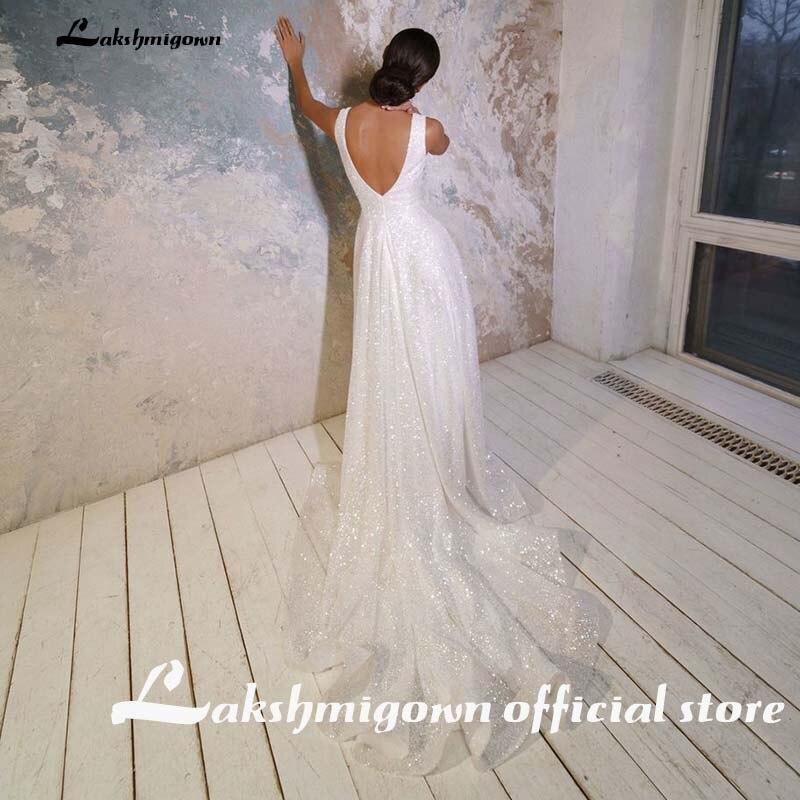 NumberSea - Vestidos de novia sexys con escote en V y tul brillante, con cuentas, espalda descubierta, hermosos vestidos largos de novia para mujer, vestidos de novia personalizados