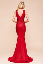 Sexy ärmelloses Meerjungfrau-Abend-Maxikleid mit V-Ausschnitt und Blumenapplikationen, Partykleid mit Schleppe