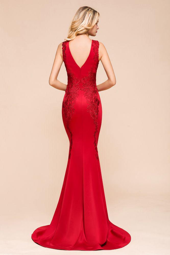 Sexy ärmelloses Meerjungfrau-Abend-Maxikleid mit V-Ausschnitt und Blumenapplikationen, Partykleid mit Schleppe