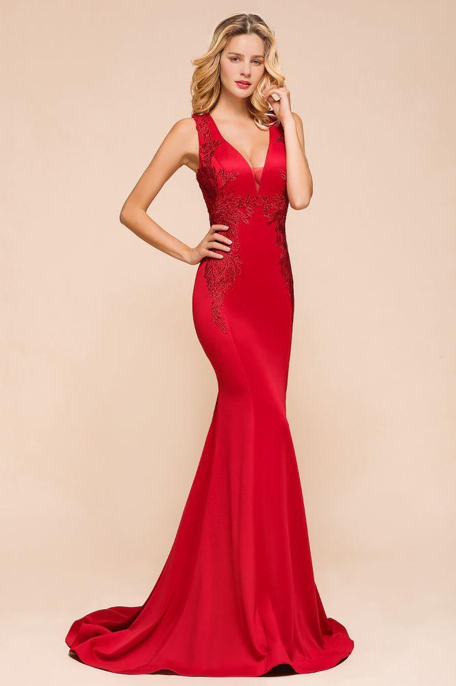 Sexy ärmelloses Meerjungfrau-Abend-Maxikleid mit V-Ausschnitt und Blumenapplikationen, Partykleid mit Schleppe