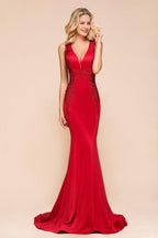 Sexy ärmelloses Meerjungfrau-Abend-Maxikleid mit V-Ausschnitt und Blumenapplikationen, Partykleid mit Schleppe