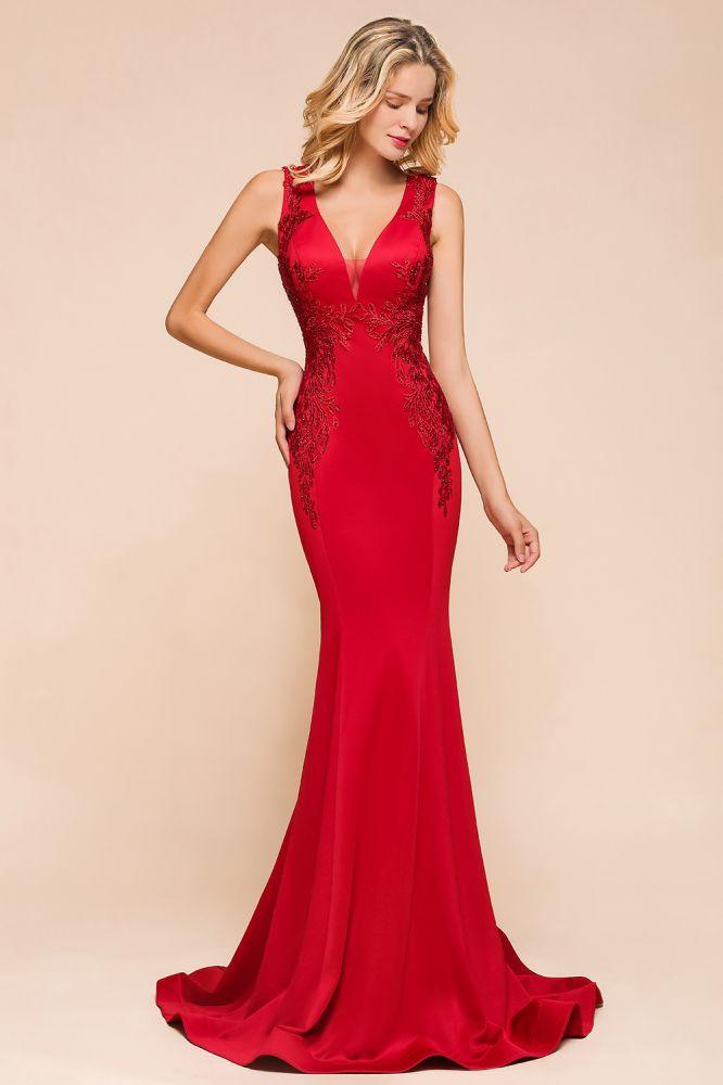 Sexy ärmelloses Meerjungfrau-Abend-Maxikleid mit V-Ausschnitt und Blumenapplikationen, Partykleid mit Schleppe