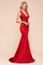Sexy ärmelloses Meerjungfrau-Abend-Maxikleid mit V-Ausschnitt und Blumenapplikationen, Partykleid mit Schleppe