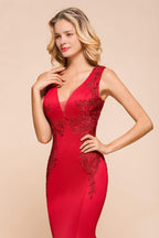 Sexy ärmelloses Meerjungfrau-Abend-Maxikleid mit V-Ausschnitt und Blumenapplikationen, Partykleid mit Schleppe