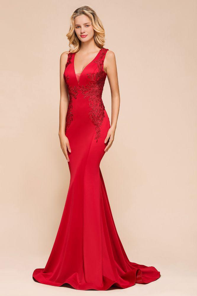 Sexy ärmelloses Meerjungfrau-Abend-Maxikleid mit V-Ausschnitt und Blumenapplikationen, Partykleid mit Schleppe