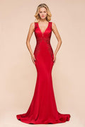 Sexy ärmelloses Meerjungfrau-Abend-Maxikleid mit V-Ausschnitt und Blumenapplikationen, Partykleid mit Schleppe