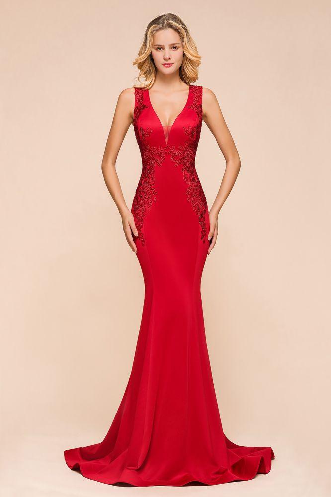 Sexy ärmelloses Meerjungfrau-Abend-Maxikleid mit V-Ausschnitt und Blumenapplikationen, Partykleid mit Schleppe
