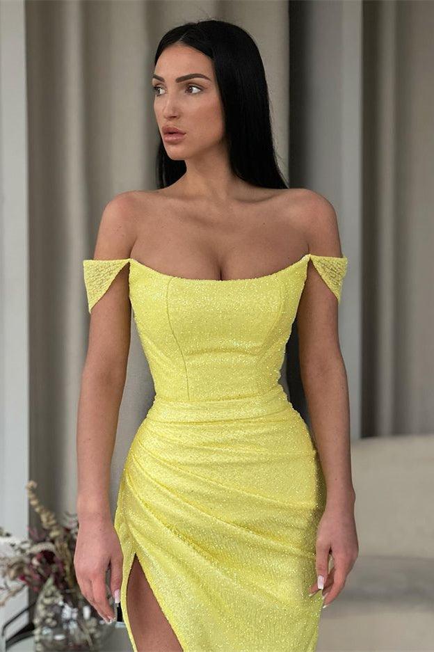 Vestido de fiesta largo sexy amarillo con hombros descubiertos y abertura