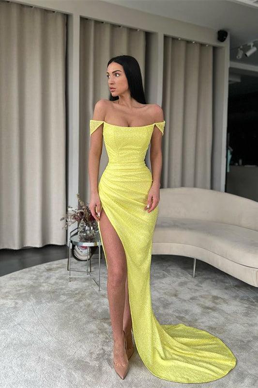 Vestido de fiesta largo sexy amarillo con hombros descubiertos y abertura