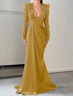Mermaid / Trumpet Evening Gown Champagne Sparkle & Shine Dress Formal Sweep / Brush Train Long Sleeve V Neck Satin with Pleats Sequin