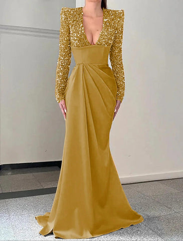 Abendkleid im Meerjungfrau-/Trompeten-Stil, Champagner, Glitzer- und Glanzkleid, formelle Schleppe, lange Ärmel, V-Ausschnitt, Satin mit Falten, Pailletten
