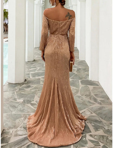 Meerjungfrau/Trompete Abendkleid Sparkle &amp; Shine Schwarzes Kleid Formelles Herbstkleid Sweep/Pinselzug Langarm Schulterfrei Pailletten mit Glitzerfalten