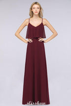 Vestido de dama de honor Shapghetti color burdeos, sin espalda, de gasa, para invitada de boda
