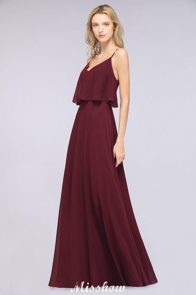 Vestido de dama de honor Shapghetti color burdeos, sin espalda, de gasa, para invitada de boda
