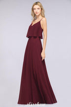 Vestido de dama de honor Shapghetti color burdeos, sin espalda, de gasa, para invitada de boda