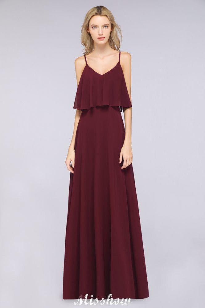 Vestido de dama de honor Shapghetti color burdeos, sin espalda, de gasa, para invitada de boda