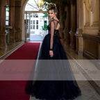 Vestido de novia largo negro gótico con ilusión transparente de NumberSea