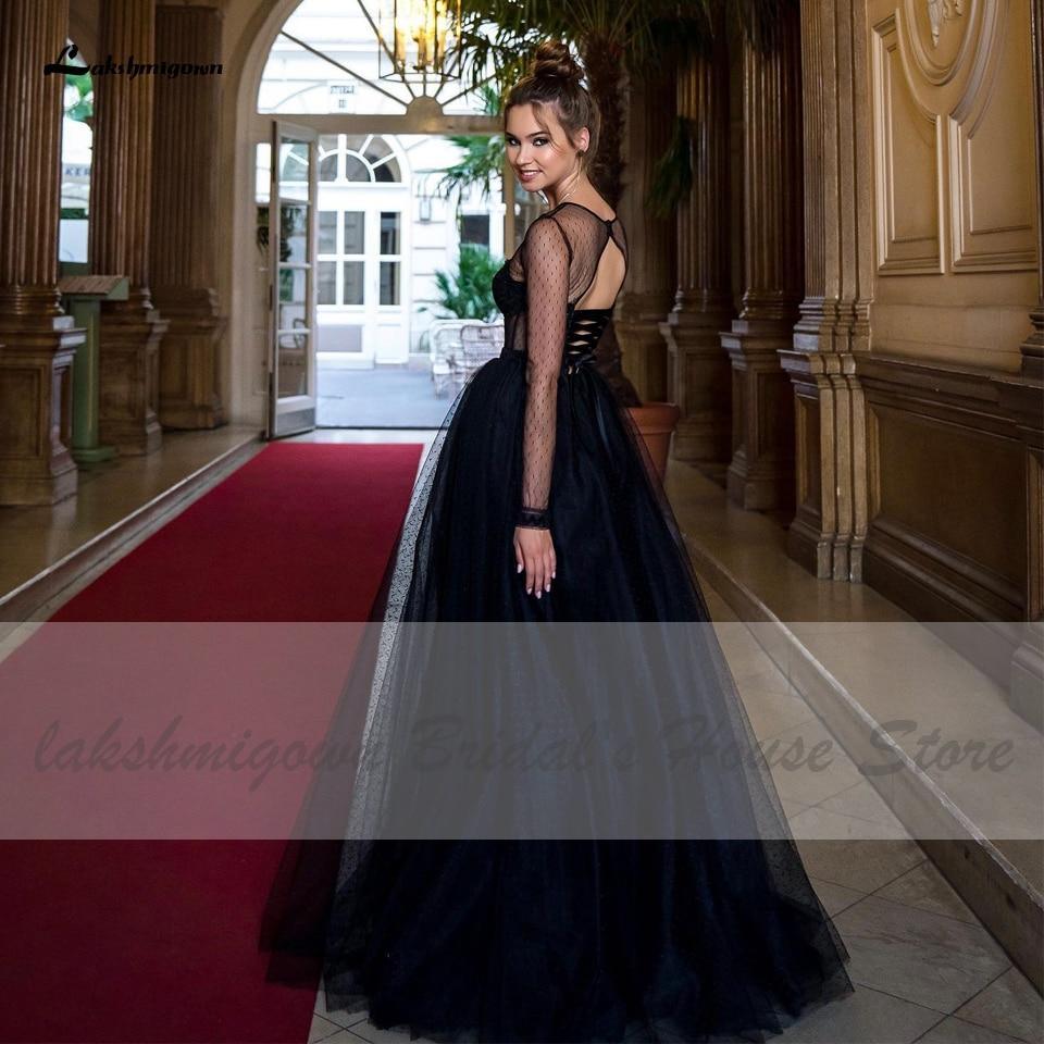 Vestido de novia largo negro gótico con ilusión transparente de NumberSea