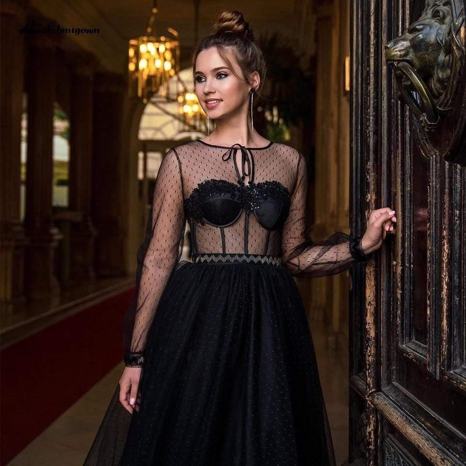 Vestido de novia largo negro gótico con ilusión transparente de NumberSea