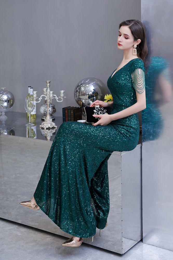 Glänzendes, smaragdgrünes Abendkleid im Meerjungfrauen-Stil mit Quastenärmeln