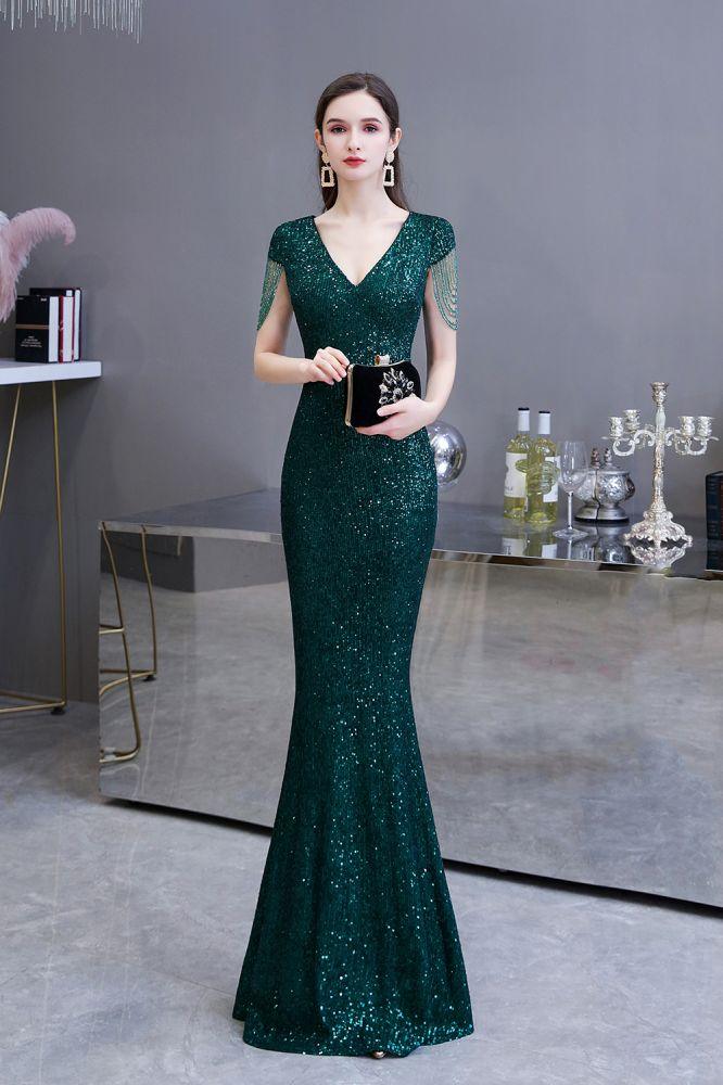 Glänzendes, smaragdgrünes Abendkleid im Meerjungfrauen-Stil mit Quastenärmeln