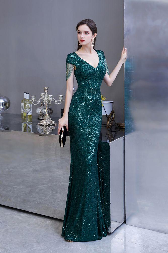 Glänzendes, smaragdgrünes Abendkleid im Meerjungfrauen-Stil mit Quastenärmeln