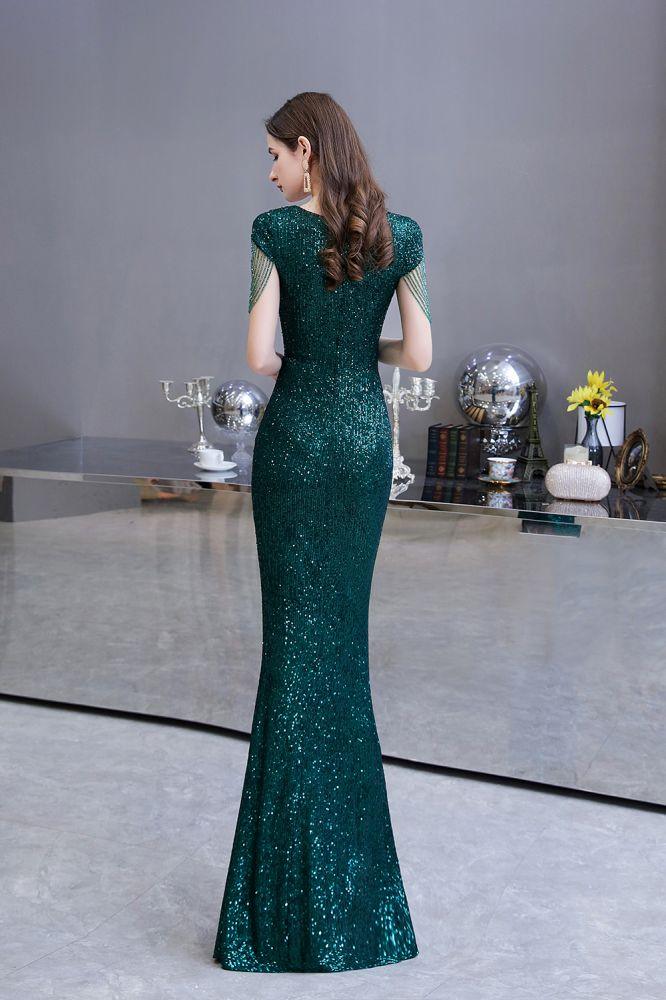 Glänzendes, smaragdgrünes Abendkleid im Meerjungfrauen-Stil mit Quastenärmeln