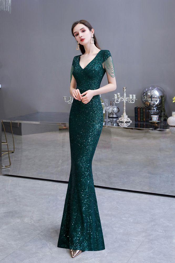 Glänzendes, smaragdgrünes Abendkleid im Meerjungfrauen-Stil mit Quastenärmeln