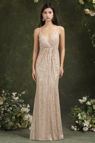 Shiny Sequins Spaghetti Straps V-neck Floor-length Mermaid Bridesmaid/Prom Dress