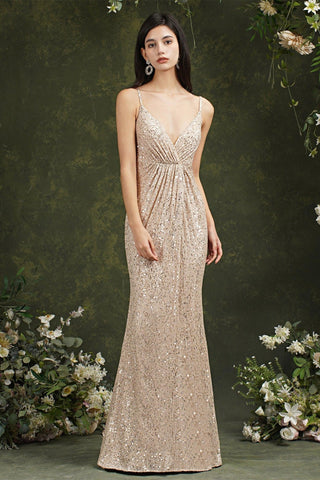 Shiny Sequins Spaghetti Straps V-neck Floor-length Mermaid Bridesmaid/Prom Dress