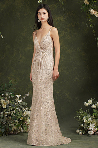 Shiny Sequins Spaghetti Straps V-neck Floor-length Mermaid Bridesmaid/Prom Dress