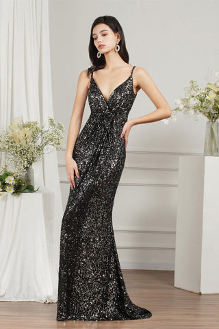 Shiny Sequins Spaghetti Straps V-neck Floor-length Mermaid Bridesmaid/Prom Dress