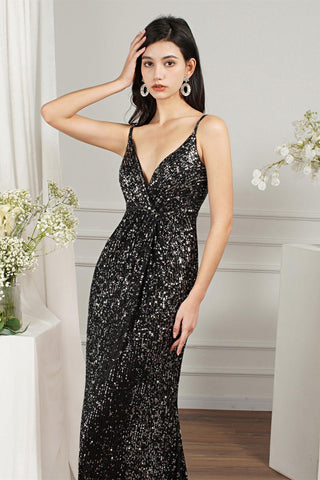 Shiny Sequins Spaghetti Straps V-neck Floor-length Mermaid Bridesmaid/Prom Dress