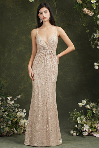 Shiny Sequins Spaghetti Straps V-neck Floor-length Mermaid Bridesmaid/Prom Dress
