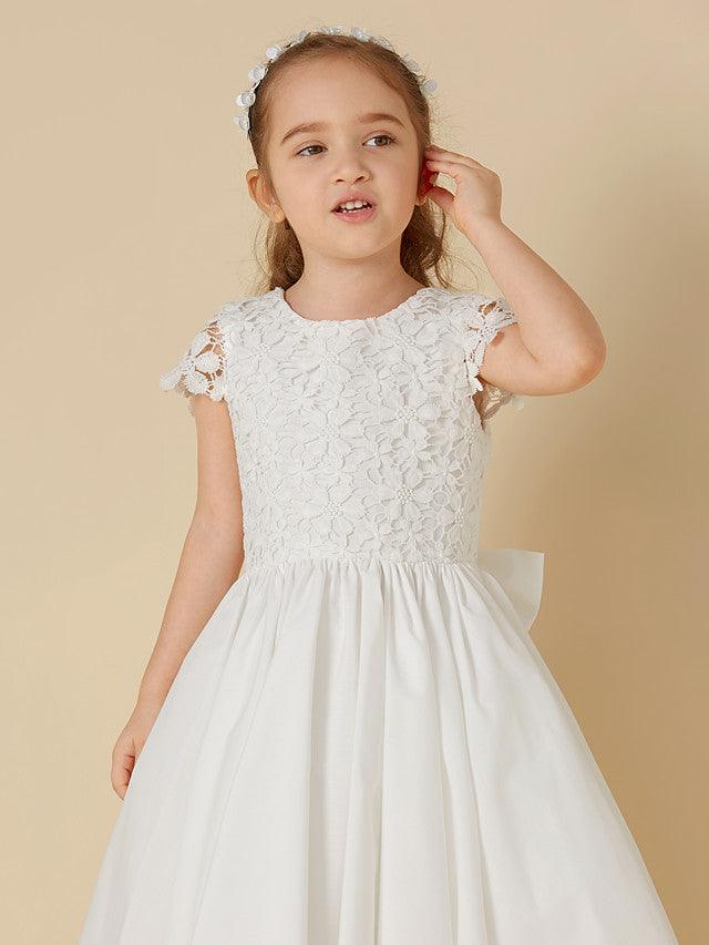 Vestidos de niña de las flores de primera comunión con escote redondo y encaje de línea A cortos y mangas