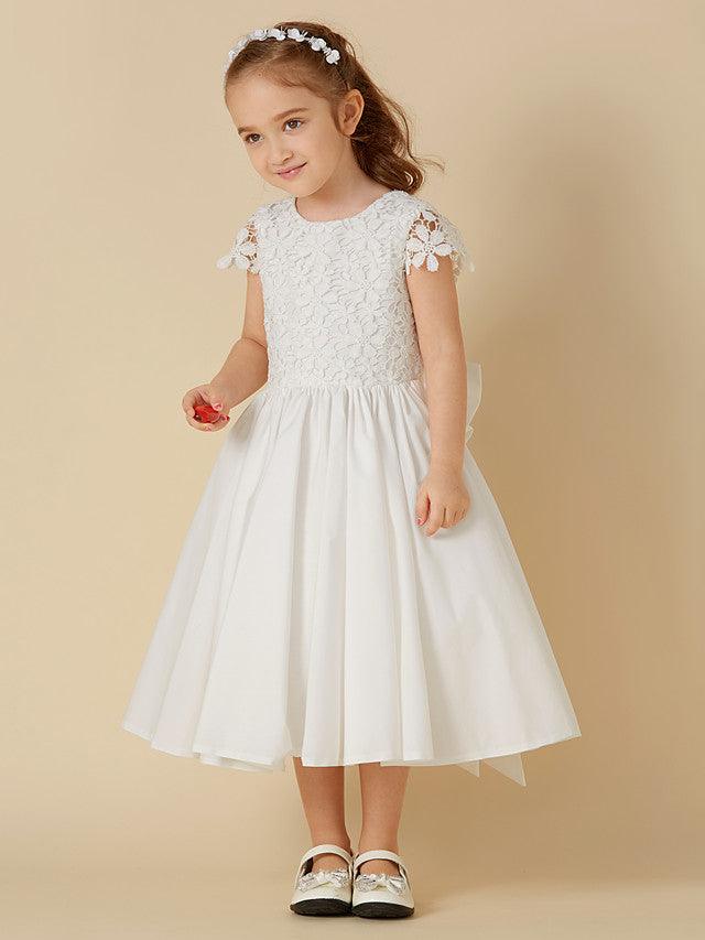 Vestidos de niña de las flores de primera comunión con escote redondo y encaje de línea A cortos y mangas