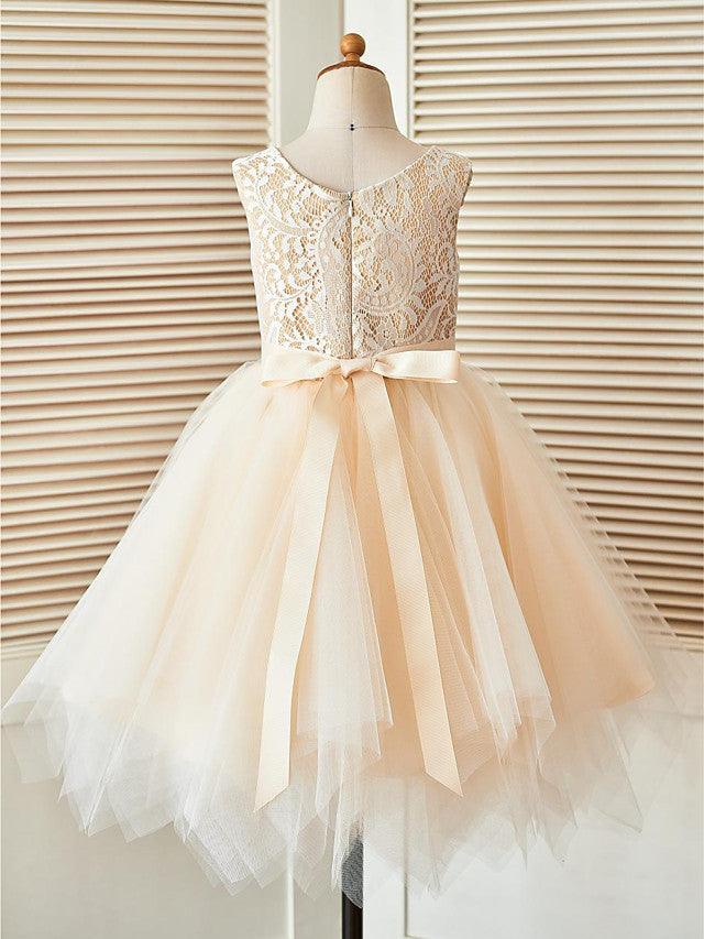 Short A-Line Lace Tulle Sleeveless Scoop Neck Pageant Flower Girl Dresses