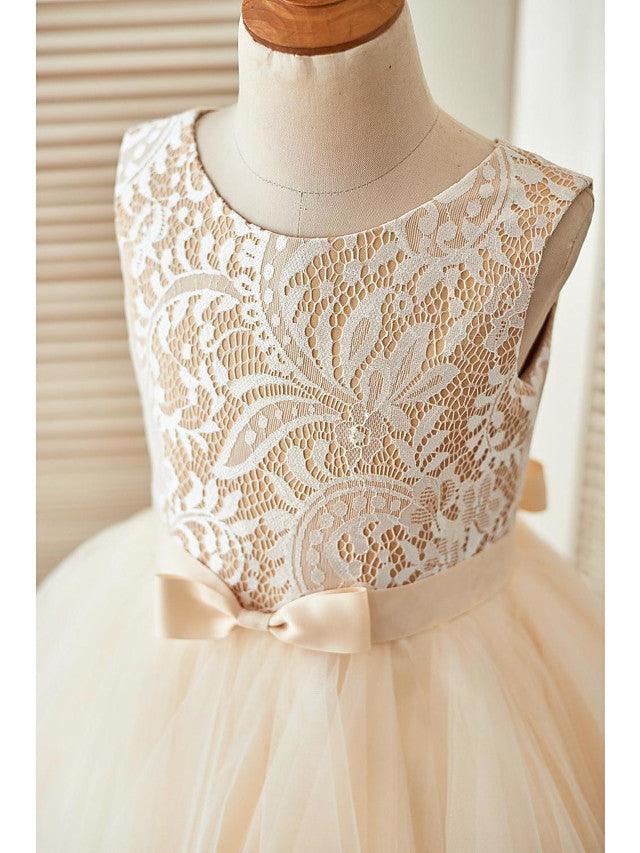 Short A-Line Lace Tulle Sleeveless Scoop Neck Pageant Flower Girl Dresses